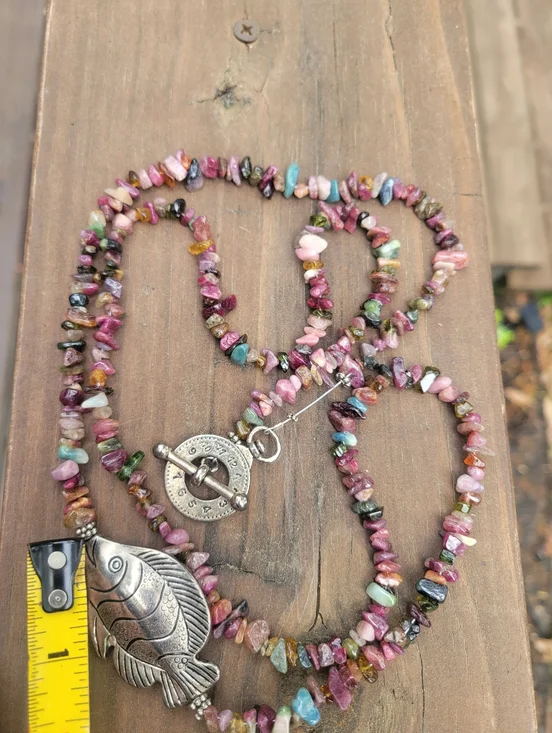 Sterling-Tone Fish Pendant Belt or Necklace with Multicolor Tourmaline Chips - Picture 3 of 6